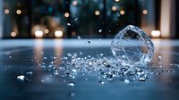 Shattered ice crystal with scattered fragments against blurred bokeh lights background creates dramatic winter atmosphere for seasonal designs and holiday concepts.