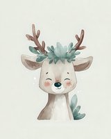 Cute watercolor deer with antlers and eucalyptus leaves on neutral background for nursery decor and children's room wall art.