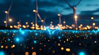 Wind turbines on horizon with glowing blue lights and bokeh effects creating magical nighttime atmosphere against dark sky. Renewable energy concept with modern aesthetics.