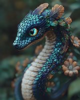 Mystical dragon with iridescent turquoise scales and golden eyes among delicate copper flowers, featuring detailed texturing and dramatic lighting for fantasy art.