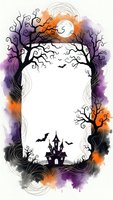 Halloween watercolor frame with spooky trees, haunted house, bats and full moon on white background for party invitations and seasonal decorations.