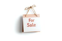 For sale sign on white paper with brown string bow hanging isolated on white background, ready for retail and shopping design elements.
