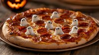 Spooky Halloween pizza with pepperoni and ghost-shaped marshmallows on melted cheese, served on rustic wooden surface with glowing jack o'lantern in background.