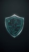 Glowing neon shield with circuit board design and tech elements on dark background, isolated for cybersecurity, data protection, and digital safety applications.