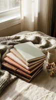 Stack of leather-bound journals and notebooks in warm tones on cozy blanket by window with soft natural light creating peaceful reading atmosphere.