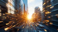 Dynamic motion blur effect with bright light burst and radial zoom through modern city buildings at sunset creating dramatic speed lines and energy flow.