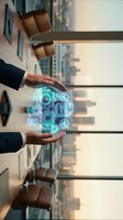 Businessman hands protecting glowing digital technology sphere with gears and data icons in modern office environment for innovation concepts.