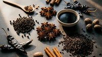 Aromatic coffee cup surrounded by warm spices including star anise, cinnamon sticks, peppercorns, and nuts on rustic wooden surface for culinary projects.