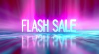 Neon flash sale text glowing in bright pink and blue colors with dramatic light rays and reflective surface for promotional marketing campaigns.