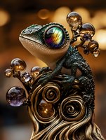 Mystical green gecko with iridescent eye perched on golden spiral ornaments amid glass spheres, creating magical fantasy atmosphere on dark background.