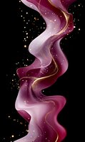 Flowing burgundy and pink silk fabric with golden glitter trails on black background, creating elegant wave pattern with sparkles and light effects.