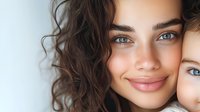 Close up portrait of young mixed race woman with curly dark hair and blue eyes smiling warmly next to child, representing family bonding and tender moments.