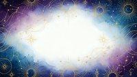 Mystical celestial frame with golden astronomical symbols, stars and cosmic elements on purple blue gradient background for spiritual designs.