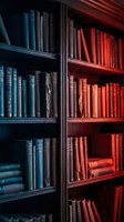 Vintage wooden bookshelf with old leather-bound books in dramatic blue and red lighting creating atmospheric library scene for academic and literary projects.