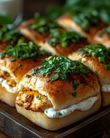 Golden baked sandwich rolls filled with caramelized onions and cream cheese, topped with fresh herbs for gourmet dining and restaurant menu photography.