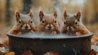 Three curious red squirrels peeking out from a rustic metal container in autumn forest setting, creating whimsical wildlife scene.