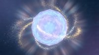 Glowing energy sphere with golden particles and light rays on cosmic background for fantasy and science fiction projects.
