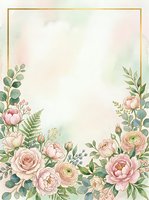 Watercolor floral frame with pink roses, peonies, and ranunculus arranged on cream background with gold border. Isolated design element for invitations, cards, and stationery projects.
