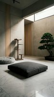 Modern minimalist interior with concrete walls, wooden accents, floor cushions and bonsai tree creating zen meditation space for wellness and mindfulness.