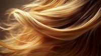 Flowing golden blonde hair strands in motion against dark background, creating smooth waves and curves with soft lighting effects for beauty and hair care concepts.