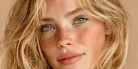 Young blonde woman with freckles and blue eyes looking at camera with natural makeup and tousled hair against warm beige background for beauty and skincare.