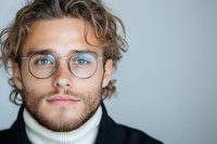 Young professional wearing round glasses and white turtleneck sweater with black jacket poses against light background, showcasing modern casual business style.