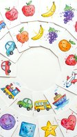 Colorful educational flashcards with cute cartoon fruits, vehicles and shapes arranged in circle on white background for children learning activities.
