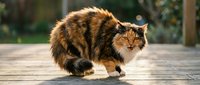 Fluffy tortoiseshell cat crouching on a wooden deck outdoors, hissing with fur raised, showing defensive aggressive behavior in natural sunlight.