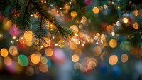 Festive Christmas tree branches with warm glowing lights and colorful bokeh background creating magical holiday atmosphere for seasonal decorations.