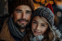 Happy father and daughter in winter attire sharing a tender moment against festive bokeh lights background, perfect for family, holiday and lifestyle advertising.