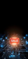 Digital sale banner with glowing red button against futuristic circuit board background with blue technology icons for online shopping promotions.