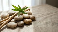 Zen spa stones with bamboo sticks and green leaves on natural linen fabric creating peaceful meditation atmosphere for wellness and relaxation treatments.