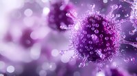 Microscopic view of virus cell in purple tones with detailed spike proteins and bokeh effect background showing molecular structure and biological detail.