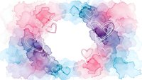 Watercolor heart frame with pink blue purple splashes and romantic love symbols on white background for wedding Valentine's Day greeting cards design.