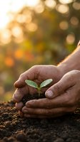 Protective hands cupping young green seedling growing from rich soil with warm golden bokeh light background symbolizing environmental care and growth.