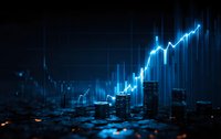 Financial growth chart with glowing blue upward trend arrow and coin stacks representing investment success and market analysis on dark background.