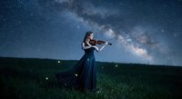 Young woman violinist playing under starry night sky with Milky Way galaxy creating magical musical performance in field for artistic projects.