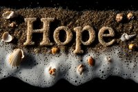Word Hope written in sand with scattered seashells and ocean foam on black background, creating inspirational beach atmosphere for wellness and mindfulness designs.