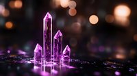 Glowing purple crystal formations against dark background with soft bokeh lights, creating magical and mystical atmosphere for fantasy or spiritual designs.