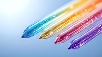 Colorful glitter makeup pencils in blue, gold, pink and purple shades arranged diagonally on light background, macro photography closeup view for cosmetics advertising.