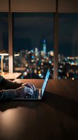 Person typing on laptop at night with glowing city skyline view through window, warm desk lamp light, remote work and urban lifestyle concept.