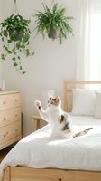 Playful tabby and white cat sitting on bed with paws raised in bright bedroom with hanging plants and wooden furniture for pet lifestyle content.