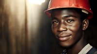 Young African American construction worker wearing red hard hat smiling confidently at camera in industrial workplace setting with warm lighting.