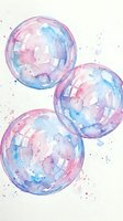 Watercolor soap bubbles in pink and blue hues floating with artistic paint splatters on textured paper background for creative design projects.