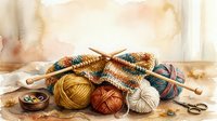 Knitting supplies including yarn balls, needles, scissors, and thread arranged on neutral background for craft and hobby projects.