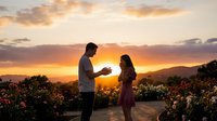 Romantic couple silhouetted against golden sunset sky in blooming flower field, man proposing to woman during magical hour with mountains in background.