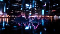 Stock market graph visualization with neon pink and blue lights reflecting on wet surface against blurred urban nighttime background, creating futuristic financial concept.