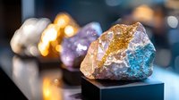 Colorful healing crystals and minerals displayed on black podiums with soft bokeh background lighting creating mystical atmosphere for spiritual wellness.