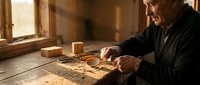 Senior Caucasian craftsman woodworker carving detailed ornament with traditional chisel tools in warm sunlit workshop. Professional artisan creating handmade wooden art.