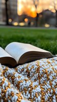 Open book lying on knitted blanket with diamond pattern against green grass at sunset, creating cozy reading atmosphere with golden bokeh lights in background.